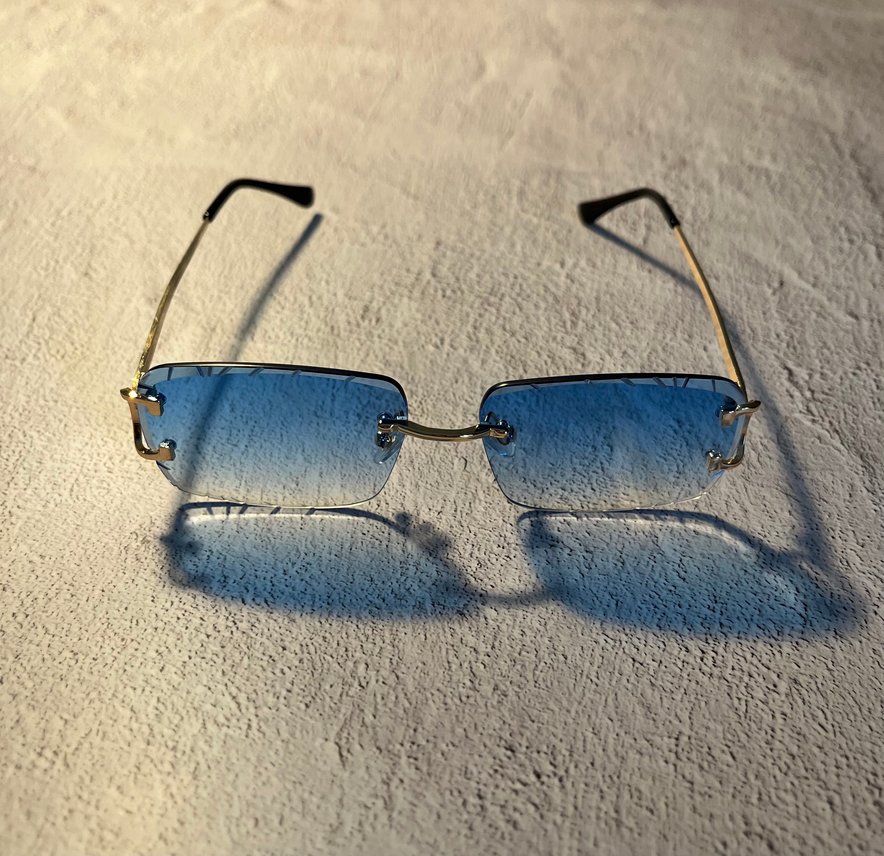 UV400 Diamond Cut Rimless Sunglasses in Blue