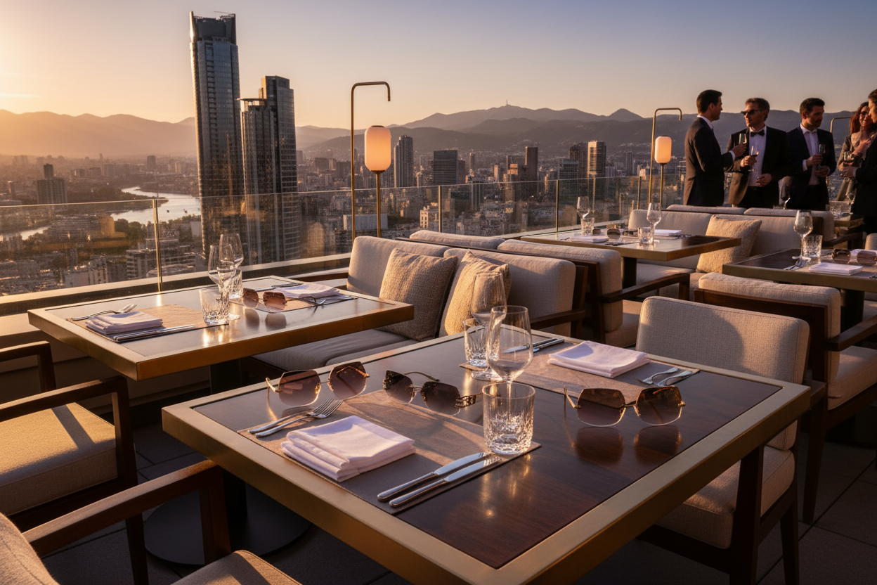 can you cretate me an image of lots of rimless luxury sunglasses on the top of a rooftop restaurant please 